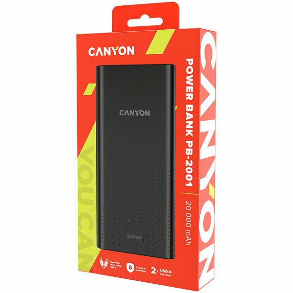 CANYON  PB-2001 Power bank 20000mAh Li-poly battery, Input 5V/2A , Output 5V/2.1A(Max), 144*69*28.5mm, 0.440Kg, Black