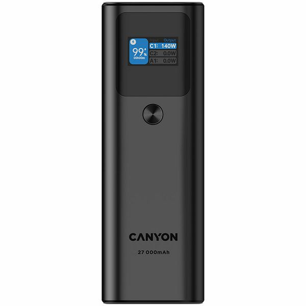 CANYON PB-2010, allowed for air travel power bank 27000mAh/97.2Wh Li-poly battery, in/out:2xUSB-C PD3.1 140W, out:USB-A QC 3.0 22.5W,TFT display,Dark Grey