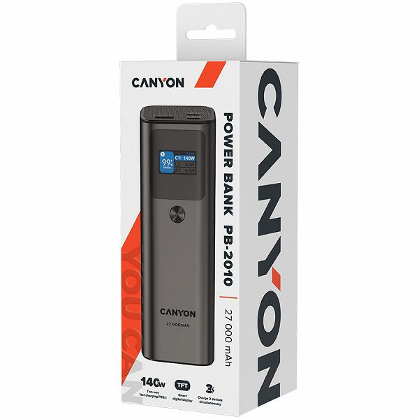 CANYON PB-2010, allowed for air travel power bank 27000mAh/97.2Wh Li-poly battery, in/out:2xUSB-C PD3.1 140W, out:USB-A QC 3.0 22.5W,TFT display,Dark Grey