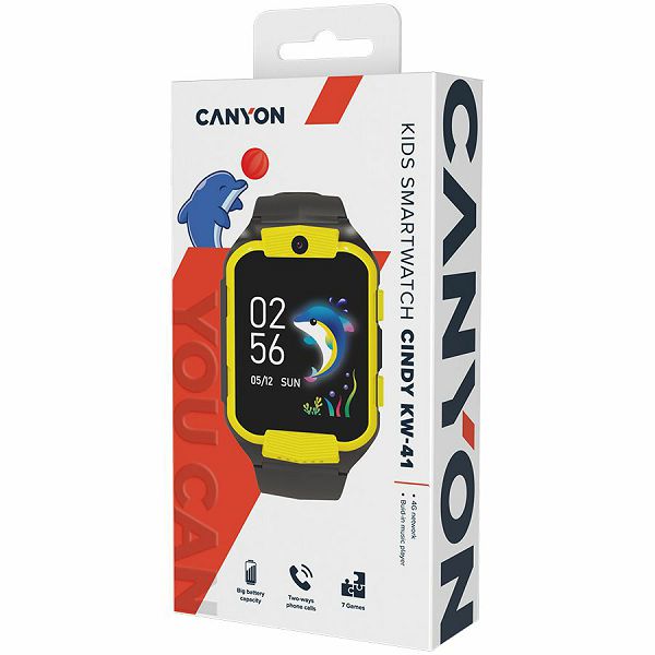 Kids smartwatch Canyon Cindy KW-41, 1.69"IPS colorful screen 240*280, ASR3603C, Nano SIM card, 192+128MB, GSM(B3/B8), LTE(B1.2.3.5.7.8.20) 680mAh battery, built in TF card: 512MB, Yellow, host: 53.3*4