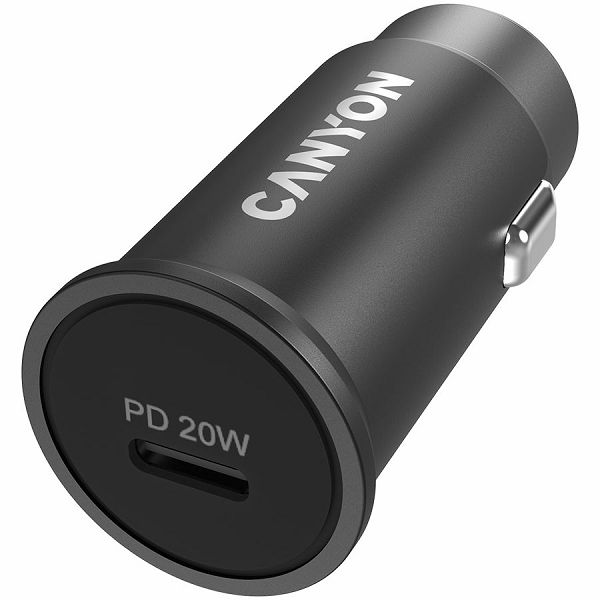 Canyon C-20, PD 20W Pocket size car charger, input: DC12V-24V, output: PD20W, support iPhone12 PD fast charging, Compliant with CE RoHs , Size: 50.6*23.4*23.4, 18g, Black