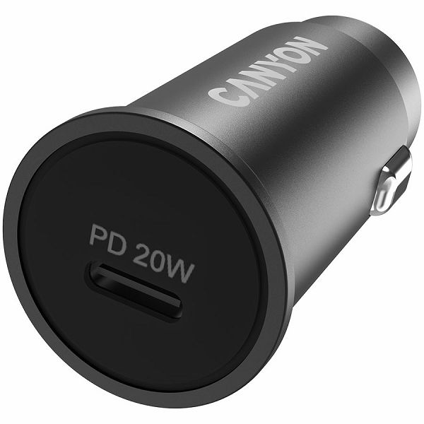 Canyon C-20, PD 20W Pocket size car charger, input: DC12V-24V, output: PD20W, support iPhone12 PD fast charging, Compliant with CE RoHs , Size: 50.6*23.4*23.4, 18g, Black