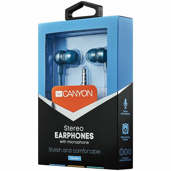 CANYON Stereo earphones with microphone, metallic shell, 1.2M, blue-green