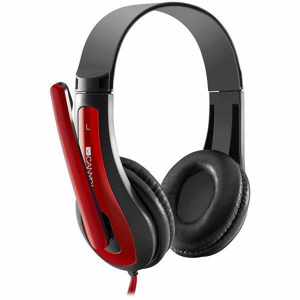 CANYON entry price PC headset with microphone, combined 3.5mm plug, leather pads, Flat cable length  2.0m, 160*60*160mm, 0.13kg, Black-red