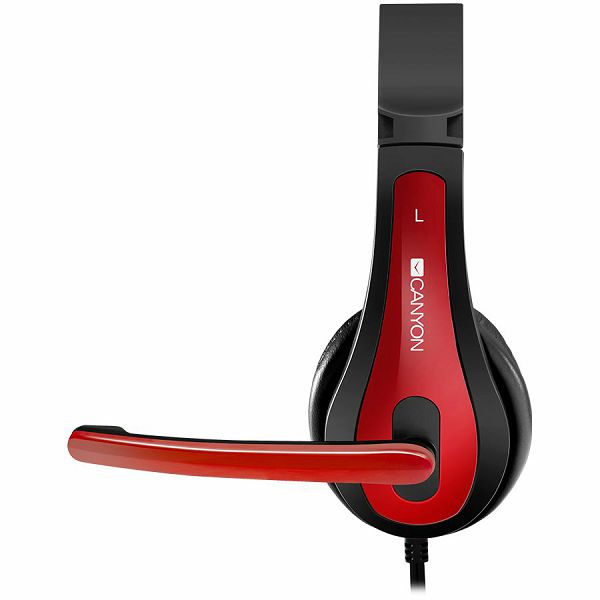 CANYON entry price PC headset with microphone, combined 3.5mm plug, leather pads, Flat cable length  2.0m, 160*60*160mm, 0.13kg, Black-red