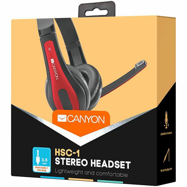 CANYON entry price PC headset with microphone, combined 3.5mm plug, leather pads, Flat cable length  2.0m, 160*60*160mm, 0.13kg, Black-red