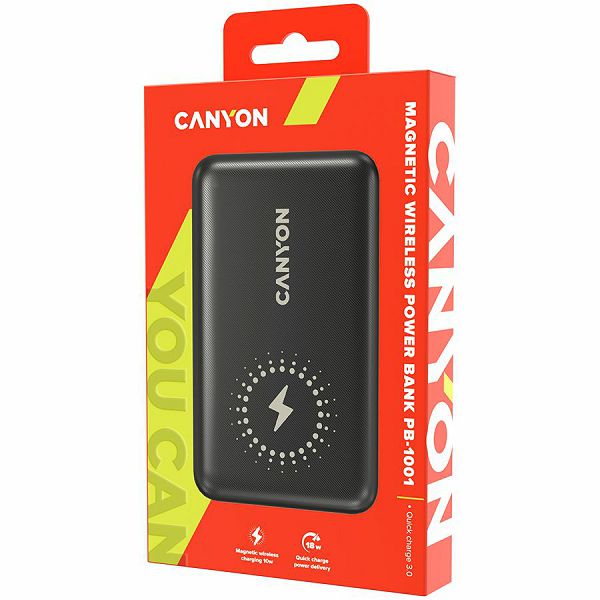 CANYON PB-1001 18W PD+QC 3.0+10W Magnet wireless charger  powerbank 10000mAh Li-poly battery,Lightning Input: DC5V/2A, 9V/2A Type c PD Input: DC5V/3A, 9V/2A, Type C  PD output:5V/3A,9V/2.2A,12V/1.5AQC