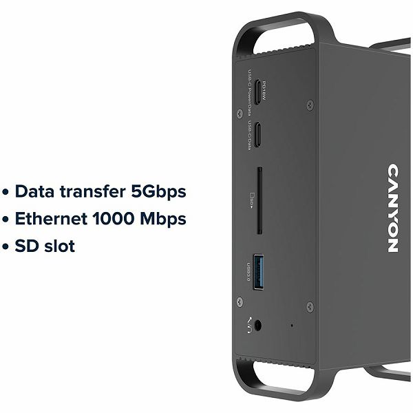 CANYON HDS-95ST, Multiport Docking Station with 14 ports ,with Type C female *4  ,USB3.0*2,USB2.0*2,RJ45*1,HDMI*2,SD card slot,Audio 3.5 audio*1Input 100-240V/100W AC port, Output USB-C PD 60W * 1, Du