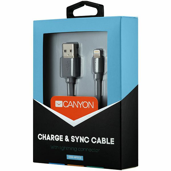 CANYON Charge & Sync MFI flat cable, USB to lightning, certified by Apple, 1m, 0.28mm, Dark gray