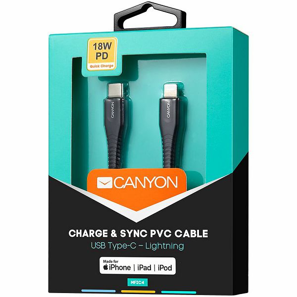 CANYON Type C Cable To MFI Lightning for Apple,  PVC Mouling,Function：with full feature( data transmission and PD charging)    Output:5V/2.4A , OD:3.5mm, cable length 1.2m,   0.026kg,Color:Black