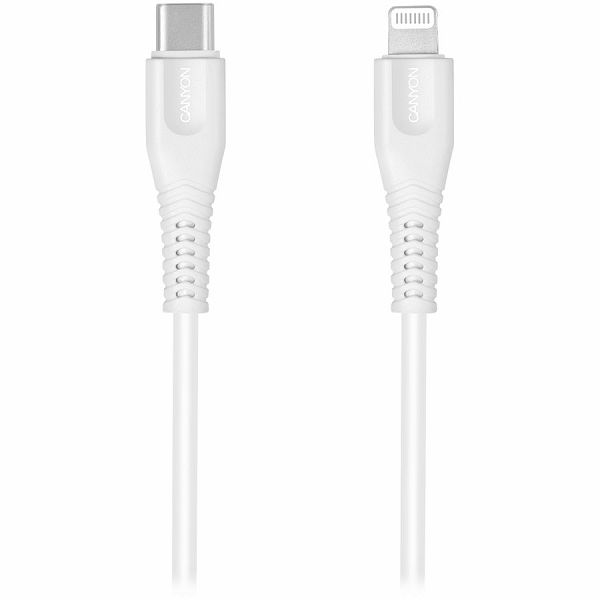 CANYON Type C Cable To MFI Lightning for Apple,  PVC Mouling,Function: with full feature( data transmission and PD charging) Output:5V/2.4A, OD:3.5mm, cable length 1.2m, 0.026kg,Color:White