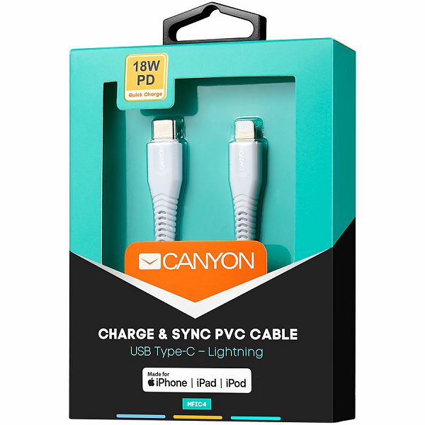 CANYON Type C Cable To MFI Lightning for Apple,  PVC Mouling,Function: with full feature( data transmission and PD charging) Output:5V/2.4A, OD:3.5mm, cable length 1.2m, 0.026kg,Color:White