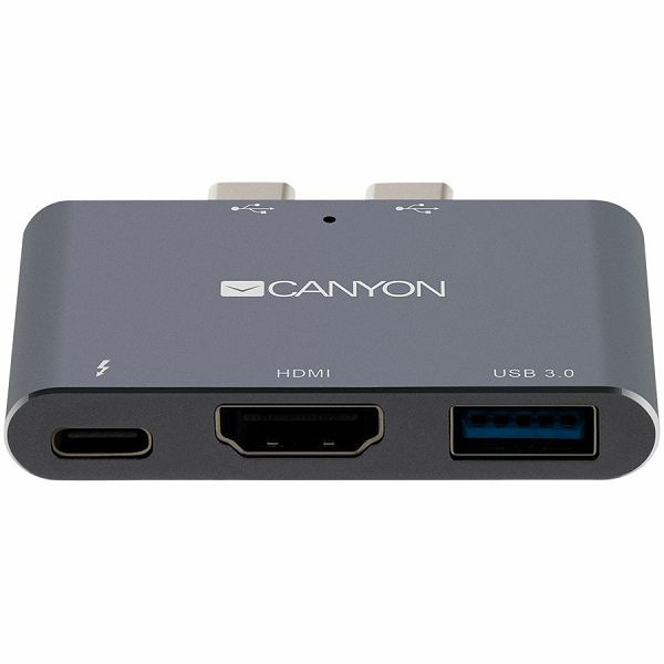 CANYON DS-1 Multiport Docking Station with 3 port, with Thunderbolt 3 Dual type C male port, 1*Thunderbolt 3 female+1*HDMI+1*USB3.0. Input 100-240V, Output USB-C PD100W&USB-A 5V/1A, Aluminium alloy, S