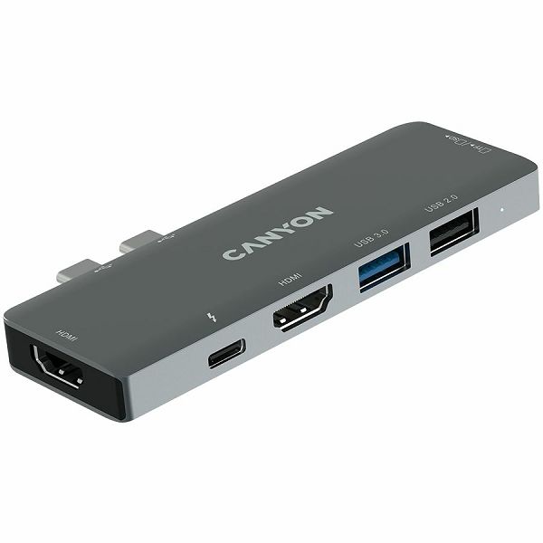 CANYON DS-05B Multiport Docking Station with 7 port, 1*Type C PD100W+2*HDMI+1*USB3.0+1*USB2.0+1*SD+1*TF. Input 100-240V, Output USB-C PD100W&USB-A 5V/1A, Aluminum alloy, Space gray, 104*42*11mm, 0.046