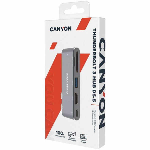 CANYON DS-05B Multiport Docking Station with 7 port, 1*Type C PD100W+2*HDMI+1*USB3.0+1*USB2.0+1*SD+1*TF. Input 100-240V, Output USB-C PD100W&USB-A 5V/1A, Aluminum alloy, Space gray, 104*42*11mm, 0.046