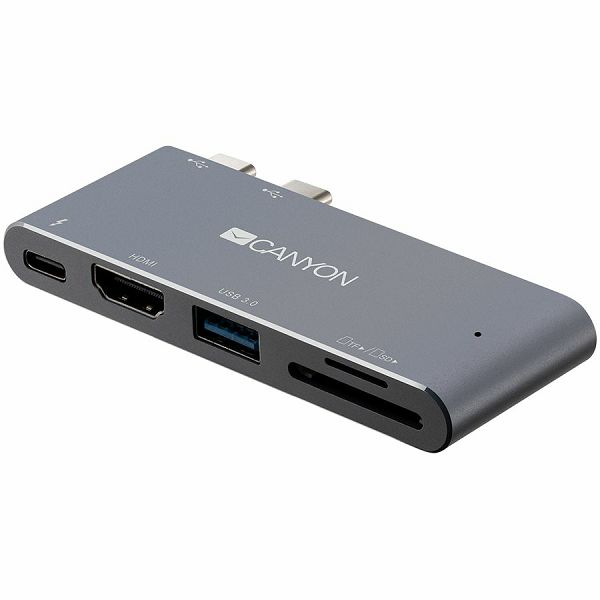 CANYON DS-5 Multiport Docking Station with 5 port, with Thunderbolt 3 Dual type C male port, 1*Thunderbolt 3 female+1*HDMI+1*USB3.0+1*SD+1*TF. Input 100-240V, Output USB-C PD100W&USB-A 5V/1A, Aluminiu