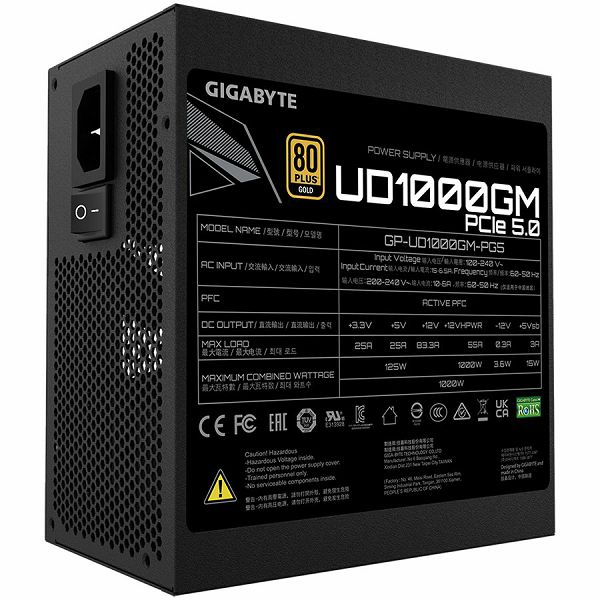 GIGABYTE UD1000GM Power Supply 1000W, PCIe Gen5 16Pin x 1 600W, Modular, 80 PLUS Gold, Japanese capacitors, 120mm smart control fan, EU plug