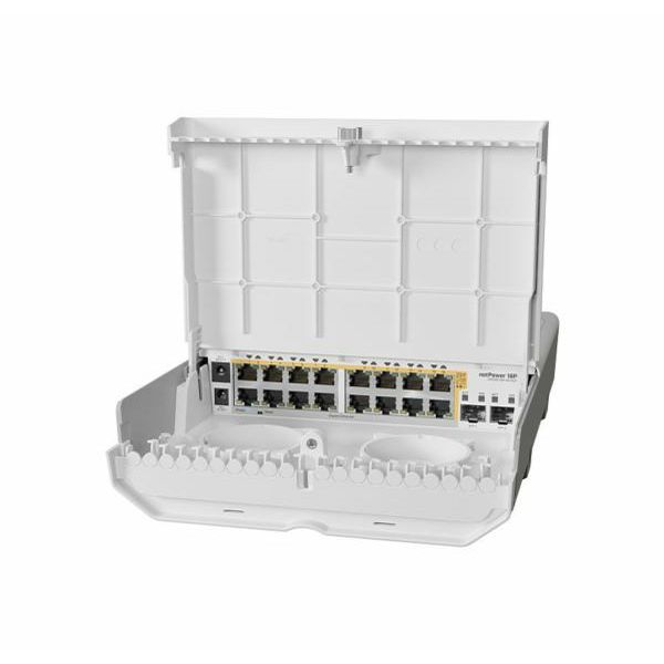 MikroTik (CRS318-16P-2S OUT) outdoor 18 port switch with 16 Gigabit PoE-out ports and 2 SFP