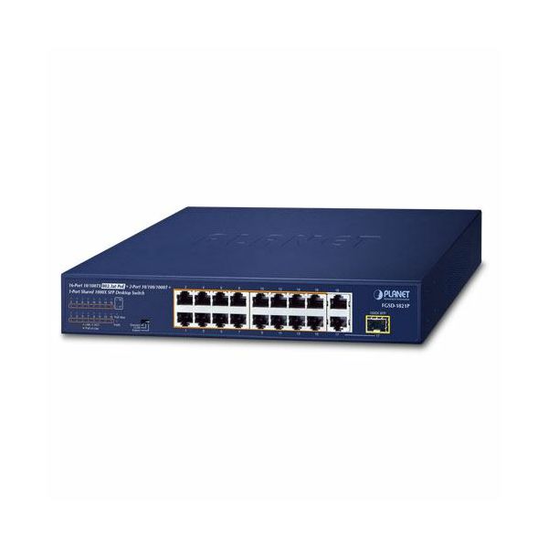 Planet 16-Port 10 100TX 802.3at PoE 2-Port 10 100 1000T 1-Port Shared 1000X SFP Desktop Switch (185 Watts)