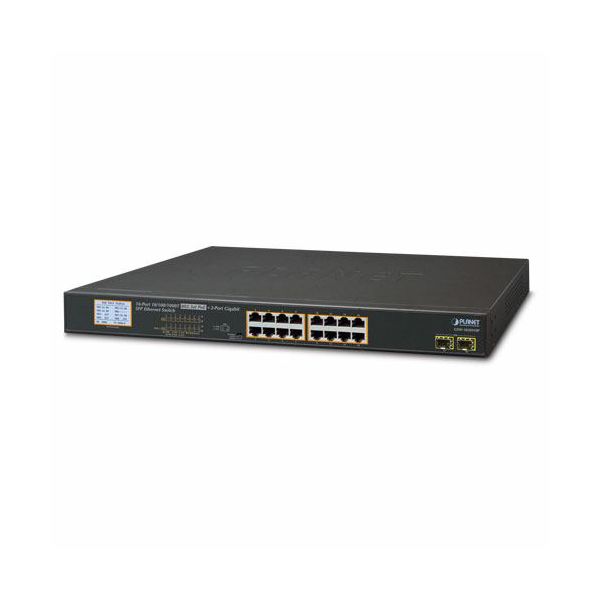 Planet 18-Port LCD Managed 16x RJ45 GbE 802.3at PoE 2-Port 1G SFP Switch with LCD PoE Monitor