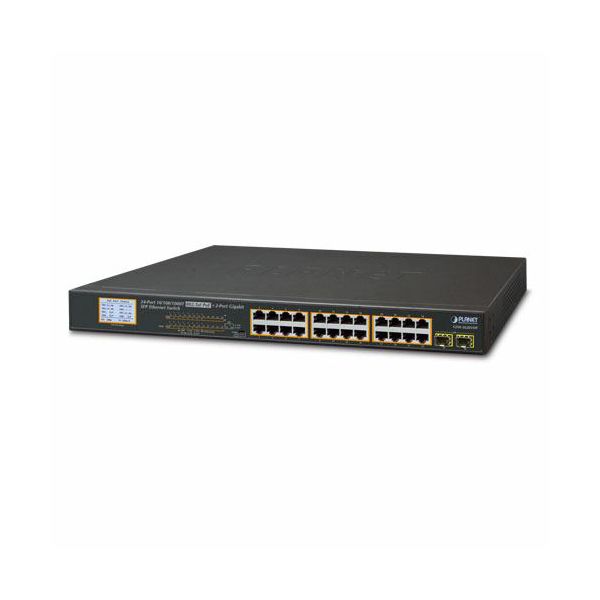 Planet Unmanaged 24-Port RJ45 Gigabit 802.3at PoE 2-Port Gigabit SFP Ethernet Switch with LCD PoE Monitor