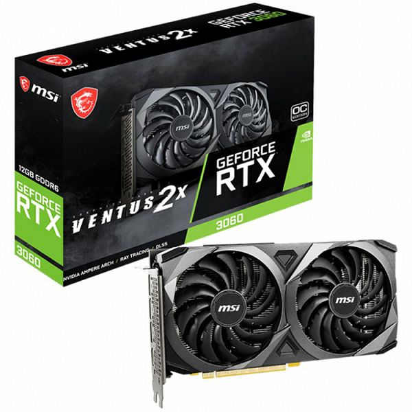 MSI Video Card Nvidia RTX 3060 VENTUS 2X 12G OC (RTX 3060, 12GB GDDR6, 192-bit, GPU 1680MHz (Boost 1807MHz), RAY TRACING, 2xFan, PCIe 4.0, 1xHDMI 2.1, 3xDP v.1.4, 8 pin, 170W)