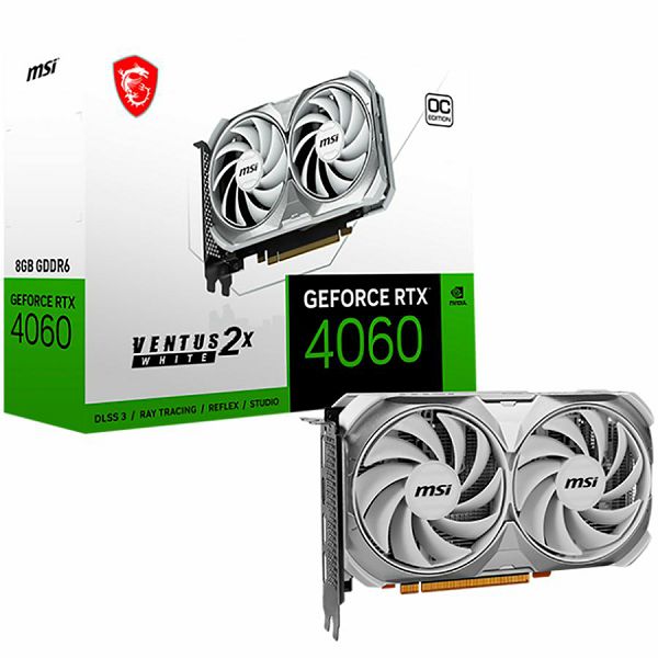 MSI Video Card Nvidia GeForce RTX 4060 VENTUS 2X WHITE 8G OC, 8GB GDDR6, 128bit, Boost: 2490 MHz, 3072 CUDA Cores, PCIe 4.0, 3x DP 1.4a, HDMI 2.1a, RAY TRACING, Dual Fan, 1x 8pin, 550W Recommended PSU