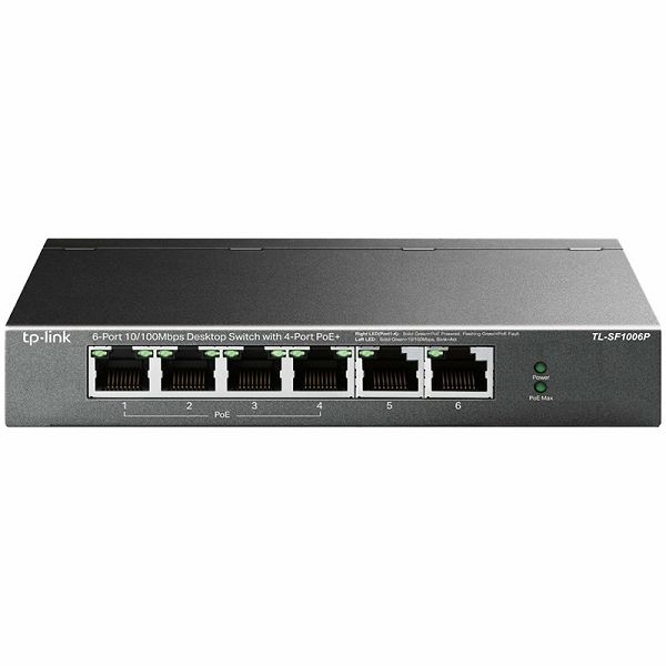 4-port 10/100Mbps Unmanaged PoE+ Switch with 2 10/100Mbps uplink ports, meta case, desktop mount, 4 802.3af/at compliant PoE+ port, 2 10/100Mbps uplink ports, DIP switches for Extend mode, Isolation m