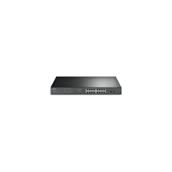 TP-Link JetStream 16-port Gigabit EasySmart PoE+ preklopnik (Switch), 16×10/100/1000M RJ45 PoE, 2×SFP Gigabit, 1U 19" rack-mount kućište (192W)