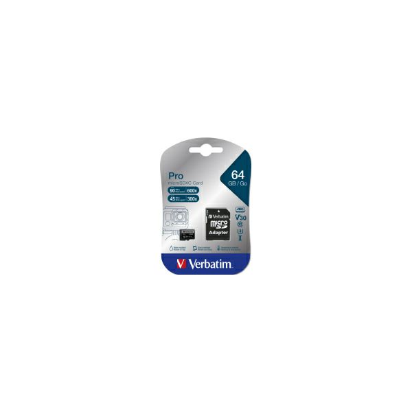 Verbatim memorijska kartica Micro SD Pro (XC/UHS1) 64GB Class 10 Card + adapter (Read up to 90MB/s)