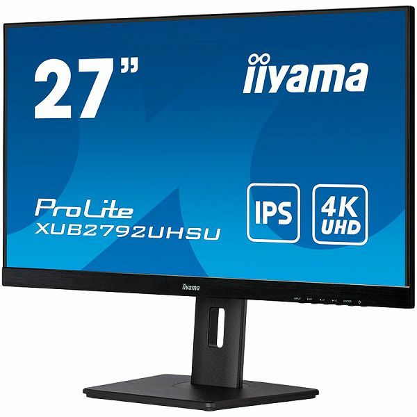 IIYAMA 27" ETE IPS-panel, 3840x2160 UHD, 4ms, 15cm height adj. stand, 300cd/m², DVI, HDMI, DisplayPort, Speakers, USB-HUB 2x 3.0