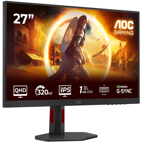 AOC Monitor Gaming Q27G4SRU 27", QHD (2560x1440), Fast IPS, 320Hz, 0.3ms MPRT (1ms GtG), 450 cd/m2, 1000:1, Adaptive Sync, G-Sync Compatible, HDR400, USB hub, 2x HDMI 2.1, 1x DP 1.4, Speakers, Full Er