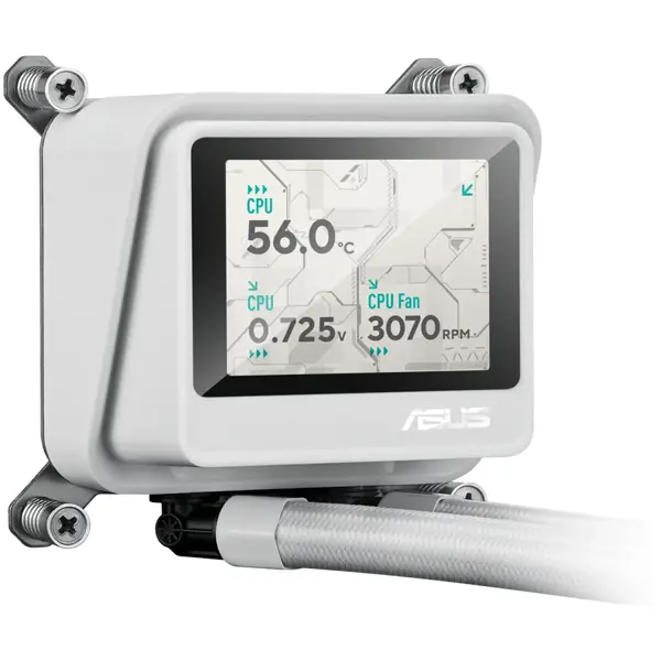 ASUS MAX Gaming LC 360 ARGB LCD White Edition all-in-one CPU liquid cooler with advanced cooling performance, vivid 2.4" IPS screen, pre-installed ARGB fans and Aura lighting