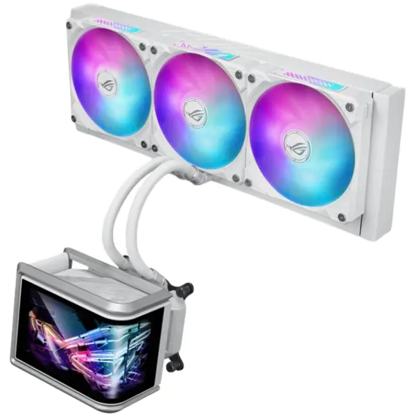 ASUS ROG Ryuo IV SLC 360 ARGB White Edition all-in-one liquid CPU cooler with shortened tubing, movable curved 6.7-inch AMOLED display and pre-mounted daisy-chained ARGB fans with front and side light