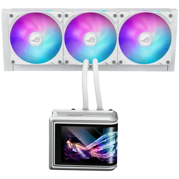 ASUS ROG Ryuo IV SLC 360 ARGB White Edition all-in-one liquid CPU cooler with shortened tubing, movable curved 6.7-inch AMOLED display and pre-mounted daisy-chained ARGB fans with front and side light