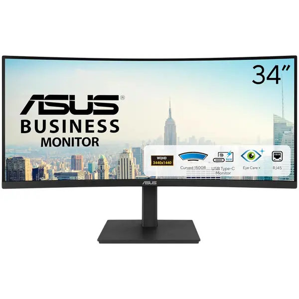 ASUS VA34VCPSR Docking Monitor - 34", WQHD (3440x1440), 1500R Curvature, Frameless, USB-C PD 96W, RJ45, USB hub, Low Blue Light, Flicker Free, Ergonomic Design, Wall Mountable, Green Sustainability