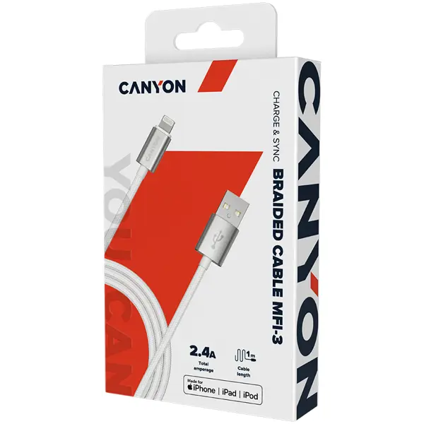 CANYON Charge & Sync MFI braided cable with metalic shell, USB to lightning, certified by Apple, cable length 1m, OD2.8mm, Pearl White