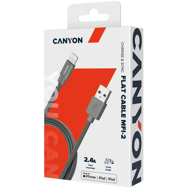 CANYON Charge & Sync MFI flat cable, USB to lightning, certified by Apple, 1m, 0.28mm, Dark gray