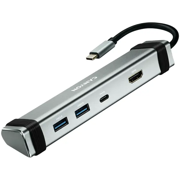 CANYON DS-3 Multiport Docking Station with 4 ports:1*Type C male+1*Type C female+2*USB3.0+1*HDMI, Input 100-240V, Output USB-C PD 5-20V/3A&USB-A 5V/1A, cabel 0.12m, Space grey, 150.8*33.7*24mm, 0.112k