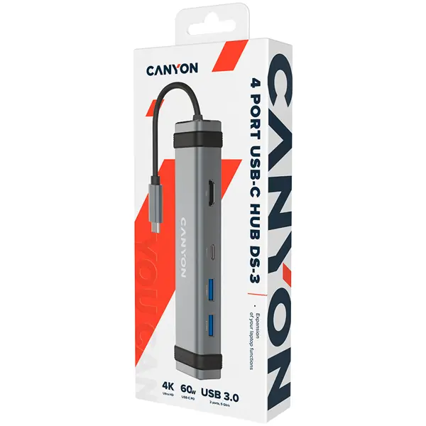 CANYON DS-3 Multiport Docking Station with 4 ports:1*Type C male+1*Type C female+2*USB3.0+1*HDMI, Input 100-240V, Output USB-C PD 5-20V/3A&USB-A 5V/1A, cabel 0.12m, Space grey, 150.8*33.7*24mm, 0.112k