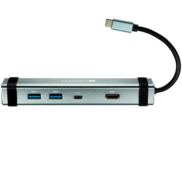 CANYON DS-3 Multiport Docking Station with 4 ports:1*Type C male+1*Type C female+2*USB3.0+1*HDMI, Input 100-240V, Output USB-C PD 5-20V/3A&USB-A 5V/1A, cabel 0.12m, Space grey, 150.8*33.7*24mm, 0.112k