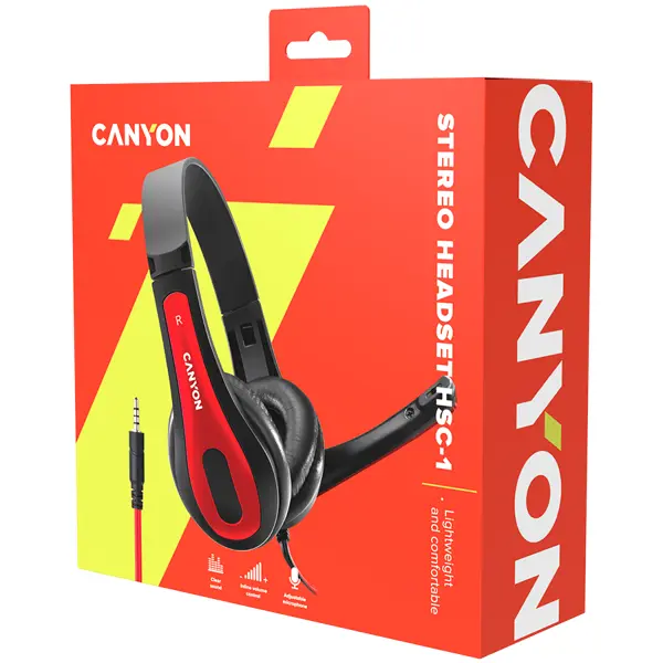 CANYON entry price PC headset with microphone, combined 3.5mm plug, leather pads, Flat cable length  2.0m, 160*60*160mm, 0.13kg, Black-red