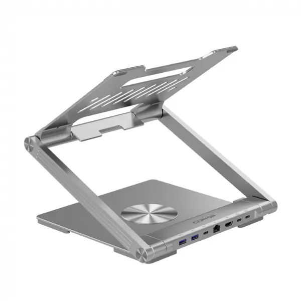 Canyon Laptop stands with hub, TYPE C F to HDMI2.0+2USB3.0+USBC3.0+RJ45+PD, TYEP C TO C cable 1m white with Emarker: HUSB332A, Material: Aluminum case+ABS+PS, Size: 245x240x27.2+/-0.3mm, Weight:1304g