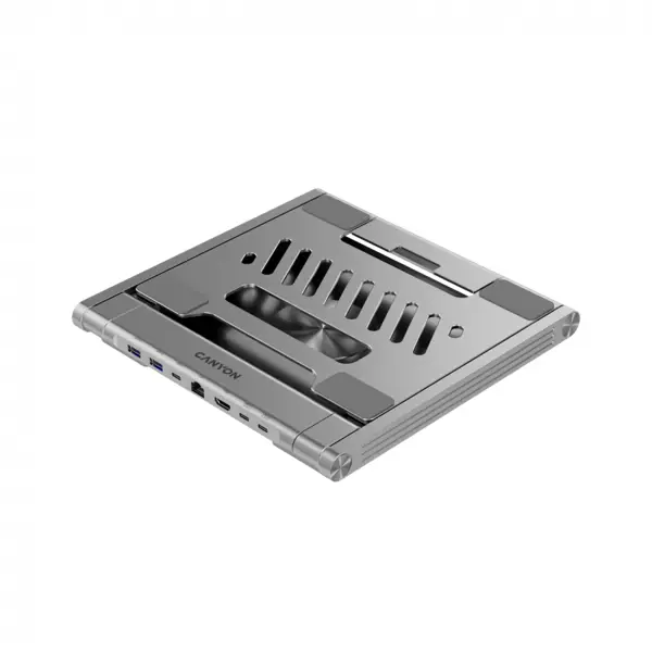 Canyon Laptop stands with hub, TYPE C F to HDMI2.0+2USB3.0+USBC3.0+RJ45+PD, TYEP C TO C cable 1m white with Emarker: HUSB332A, Material: Aluminum case+ABS+PS, Size: 245x240x27.2+/-0.3mm, Weight:1304g