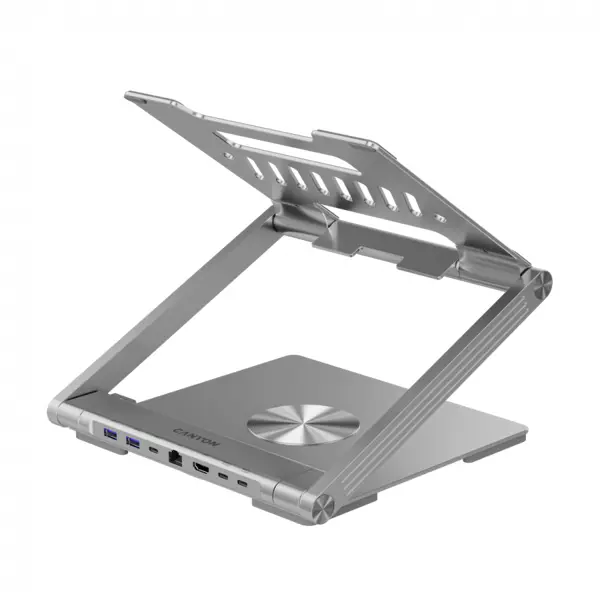 Canyon Laptop stands with hub, TYPE C F to HDMI2.0+2USB3.0+USBC3.0+RJ45+PD, TYEP C TO C cable 1m white with Emarker: HUSB332A, Material: Aluminum case+ABS+PS, Size: 245x240x27.2+/-0.3mm, Weight:1304g