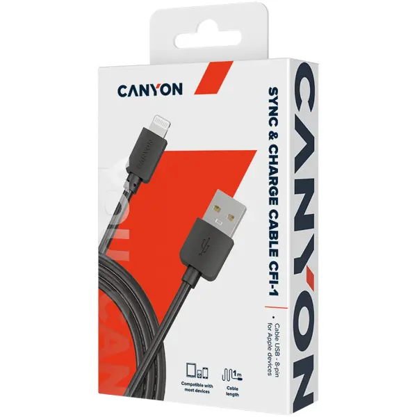 CANYON Lightning USB Cable for Apple, round, 1M, Black