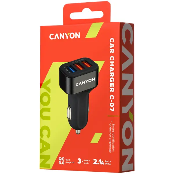 CANYON Universal 3xUSB car adapter(1 USB with Quick Charger QC3.0), Input 12-24V, Output USB/5V-2.1A+QC3.0/5V-2.4A&9V-2A&12V-1.5A, with Smart IC, black rubber coating+black metal ring+QC3.0 port with 