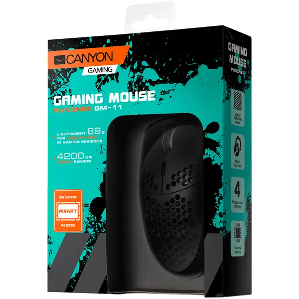 CANYON,Gaming Mouse with 7 programmable buttons, Pixart 3519 optical sensor, 4 levels of DPI and up to 4200, 5 million times key life, 1.65m Ultraweave cable, UPE feet and colorful RGB lights, Black,