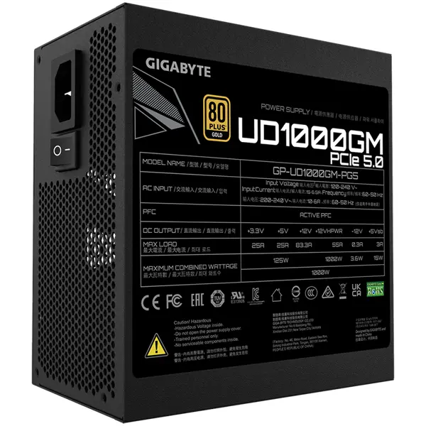 GIGABYTE UD1000GM Power Supply 1000W, PCIe Gen5 16Pin x 1 600W, Modular, 80 PLUS Gold, Japanese capacitors, 120mm smart control fan, EU plug