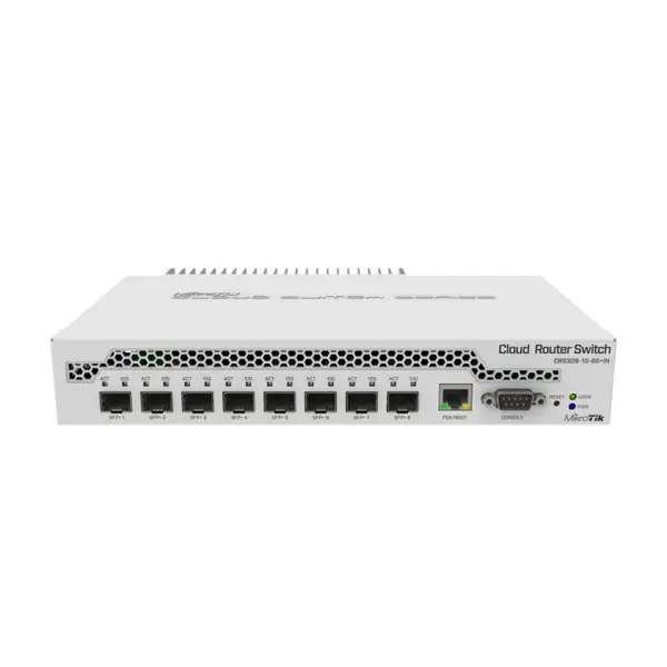 Mikrotik Cloud Router Switch 309-1G-8S+IN, Dual core 800MHz CPU, 512MB RAM, 1×GLAN, 8×SFP+ cages, RouterOS, L5 or SwitchOS (dual boot), pasivno desktop kučište, rackmount ears, PSU